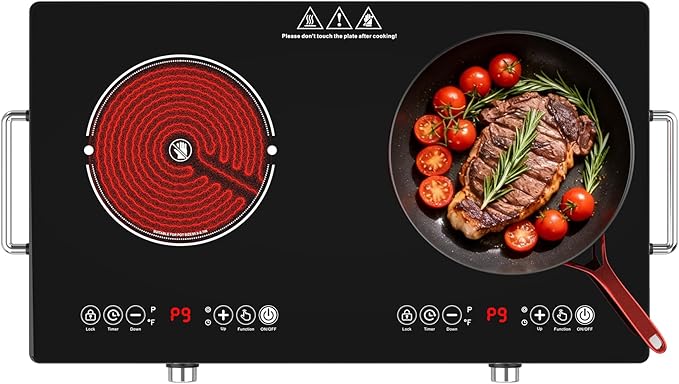 4000w Electric Cooktop 2 Burners, 23'' Electric Stove Top 110v with Plug in, GTKZW Knob Control Countertop & Built-in Ceramic Cooktop, 9 Power Levels, Child Lock, Timer, Over-Heat Protection