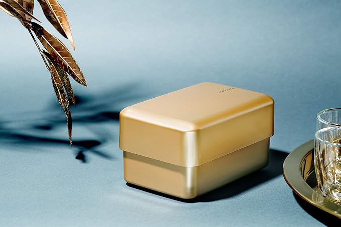 TAKENAKA Bento Nibble Box, Eco-Friendly Lunch Box Made in Japan, BPA and Reed Free, 100% Recycle Plastic Bottle Use, Microwave and Dishwasher Safe, Bento Box (Gold *Band: Orange)