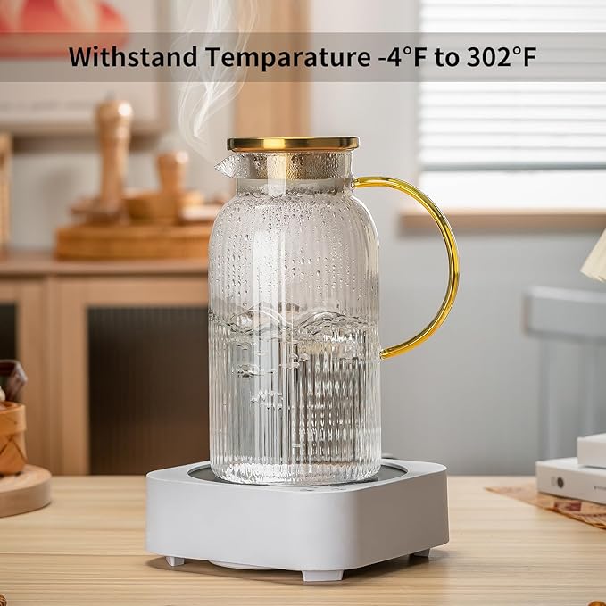 Buaic 2 PACK Glass Pitcher with Lid, 84oz/2.5L Liter Classic Vertical Stripes Water Pitcher,Glass Water Carafe for Cold Brew, Coffee, Lemonade, Iced Tea,Sun Tea, Beverage, Heat Resistant