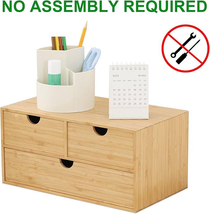 Wisuce Bamboo Desk Drawer Organizer, Desktop Organizer with Drawers Tabletop Storage Organization Box for Office Home Toiletries Supplies Vanity, No Assembly Required(3 Drawers-up down)
