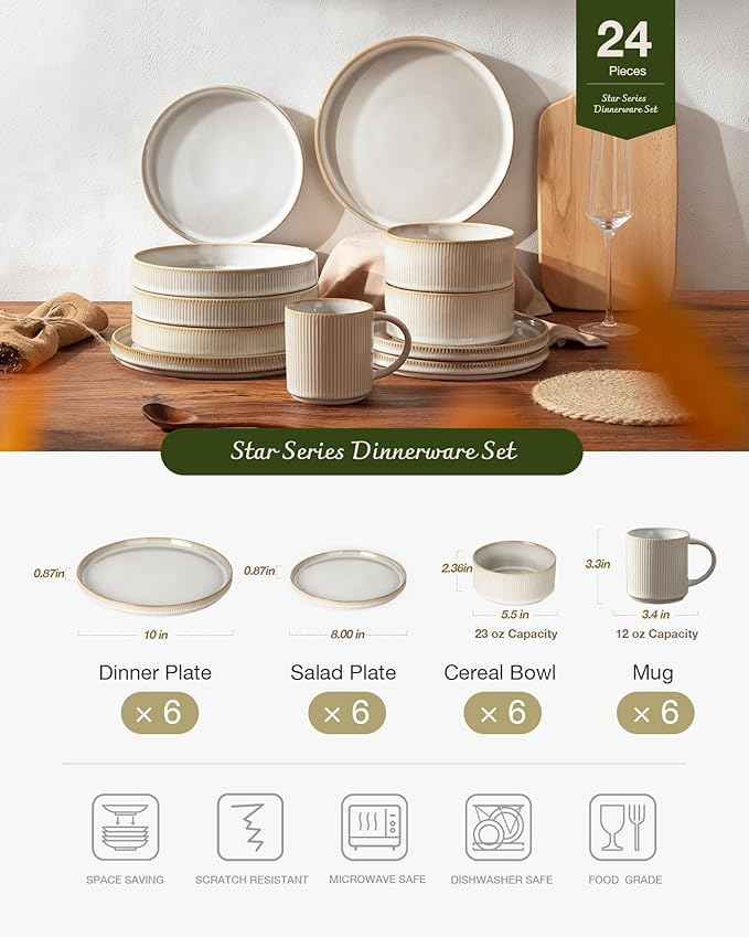 Famiware Star Dinnerware Set with Mugs, Service for 6 (24 Pieces), Ribbed Stoneware Plates and Bowls Dishes Sets - Chip & Scratch Resistant, Microwave & Dishwasher Safe, Cappuccino White