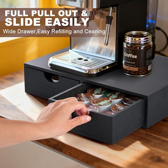 Wooden K Cup Organizer Coffee Pod Storage Box, Coffee Pod and Tea Bag Holder,Kcup Drawer Coffee Maker Stand,Home Kitchen Counter Holds Up to 30 Pods Capacity (2 Drawer) (Elegant Black)