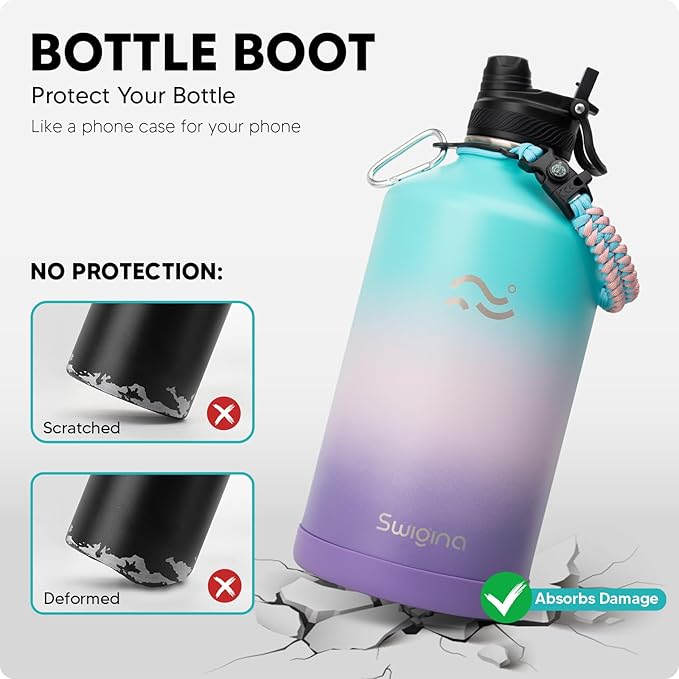 Swigina [2-IN-1 LID] Gallon Insulated Water Bottle with Silicone Boot (48hrs Cold/24hrs Hot) - DIY Stickers, Leakproof, BPA Free, 128 oz