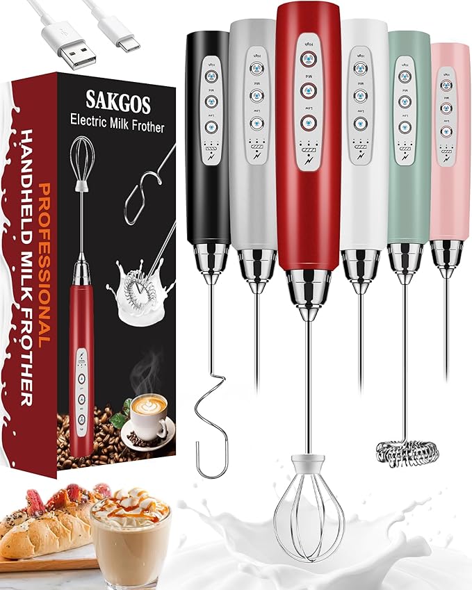 Sakgos Milk Frother Rechargeable Handheld-Electric Whisk 3 Speed Adjustable, Frother Wand Coffee with 3 Stainless Whisks, Electric Foam Maker, Drink Mixer Blender for Latte Cappuccino Matcha Egg
