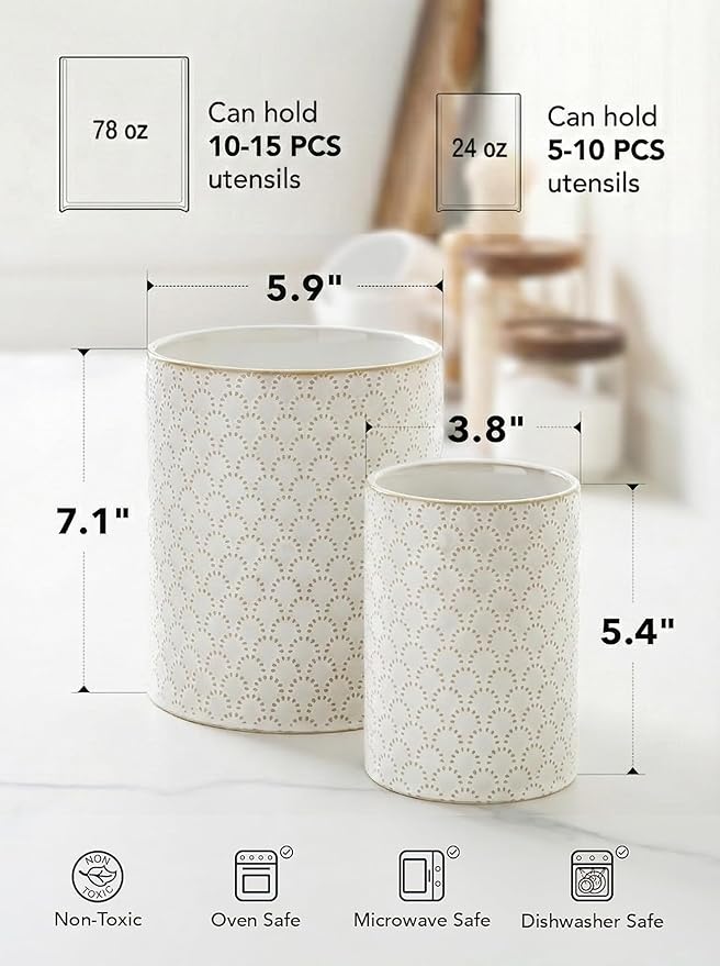 LE TAUCI Utensil Holder for Kitchen Counter - 7.1"+5.4" Ceramic Kitchen Utensil Holder Set of 2, Large Cooking Utensil Crock & Organizer for Spatula, Spoon - Embossed Kitchen Decor, White,Fireworks