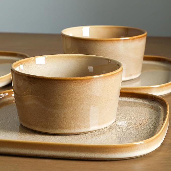 Stone Lain Cairo 12-Piece Dinnerware Set Stoneware, Plates and Bowls Set, Microwave and Dishwasher Safe, Includes Dinner and Salad Plates, Cereal Bowls, Dishes for 4, Sand