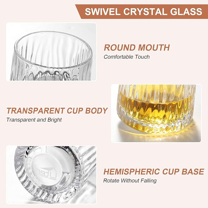 Rotatable Old Fashioned Glass Cup, 275ml/10oz Crystal Whiskey Glass Set of 2, Wood Coaster, Thickening, Used as Rum Glass Cup, Cocktail, Coffee, Milk to Relax and Reduce Stress, Christmas gifts