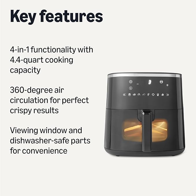 Amazon Basics 4.4-Quart Air Fryer with Easy View Window, 8 Preset Menus, 1400W, Black
