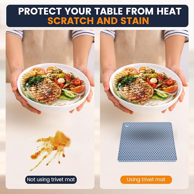 Silicone Trivet Mats 4 Heat Resistant Pot Holders Multipurpose Non-Slip Hot Pads for Kitchen Potholders, Drying mat, Jar Opener, Spoon Holder, Coaster.(Light Blue)
