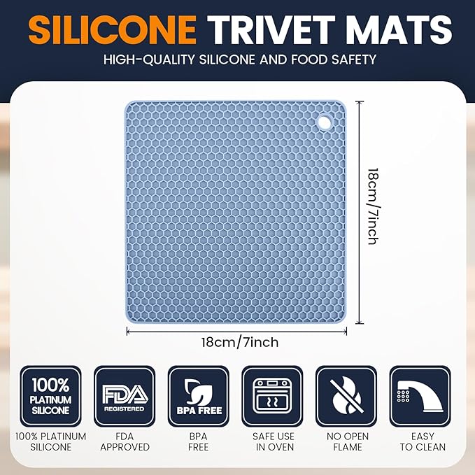 Silicone Trivet Mats 4 Heat Resistant Pot Holders Multipurpose Non-Slip Hot Pads for Kitchen Potholders, Drying mat, Jar Opener, Spoon Holder, Coaster.(Light Blue)