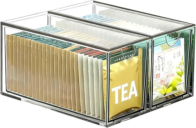 2 Pack Stackable Tea Bag Storage Organizer Drawers – Clear Acrylic Tea Bag Holder for Cabinet, Drawer, Pantry, Countertop – Kitchen Tea Storage Container