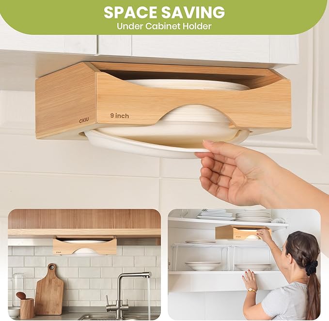 9-inch Paper Plate Dispenser Under Cabinet, Bamboo Paper Plate Holders, Kitchen Counter Vertical Plate Dispensers Holders Countertop Caddy(For 9-inch Plates, Bamboo)
