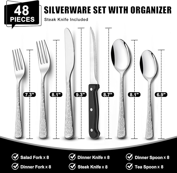 49-Piece Silverware Set with Organizer, Food-Grade Stainless Steel Flatware for 8, Cutlery Utensil Sets with Steak Knives, Rust-proof, Mirror Polished, Dishwasher Safe, Silver Tree Pattern