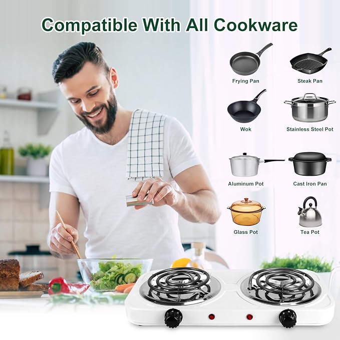 Double Burner Cooktop, 2000W Portable Electric Stove, 5 Level Temperature Control, Easy to Clean, Power Indicator Lights, Coil Hot Plate for Home Dorm Camping Cooking