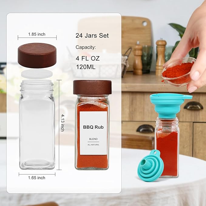 30 Pcs Spice Jars, 4oz Seasoning Containers with Acacia Wood Shaker Lids, Glass Spice Bottles with Labels, Square Seasoning Organizer, Kitchen Spice Container