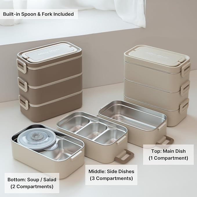 Bento Box Adult Lunch Box, Stackable 3-Layer 304 Stainless Steel for Adults, Office, 3L Capacity, Portable, Soup Bowl, Spoon & Fork, Metal Lunch Box, Tiffin (Beige)