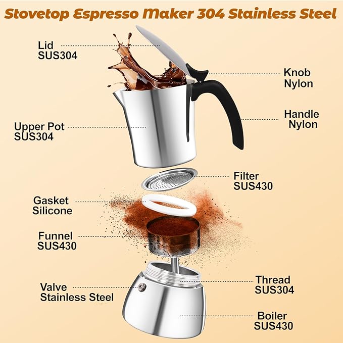 No Coating 4 Cup Thickened 304 Stainless Steel Moka Pot Stovetop Espresso Maker Italian Coffee Machine 200ml 6.8oz Suitable for Gas Induction Stovetop Greca Coffee Maker Percolator