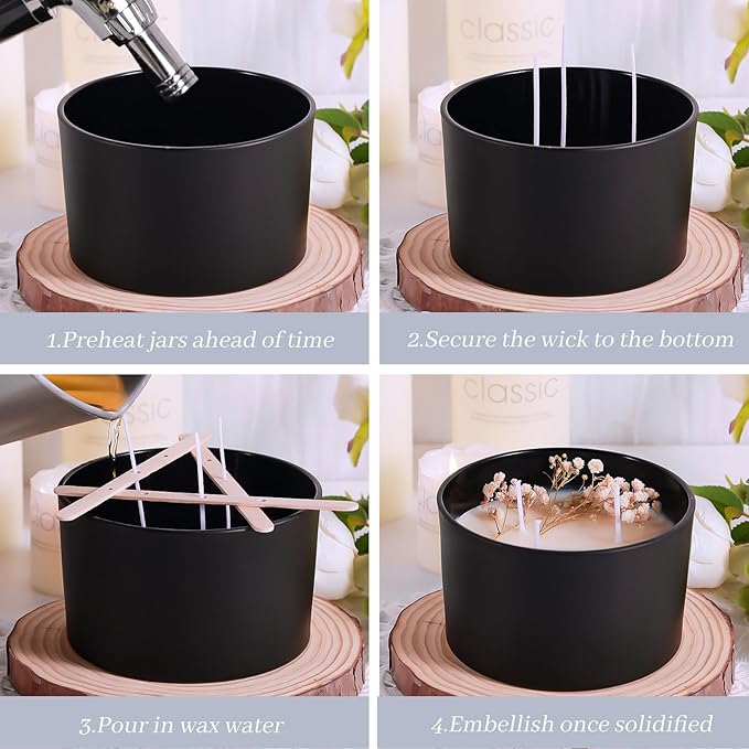 CONNOO 24oz Matte Black Glass Candle Jars 6 Pack, Multi-Wick Wide Mouth Empty Bulk Candle Containers for Making Candles with Airtight Bamboo Lids, Sticky Warning Labels, Wick kit- Dishwasher Safe