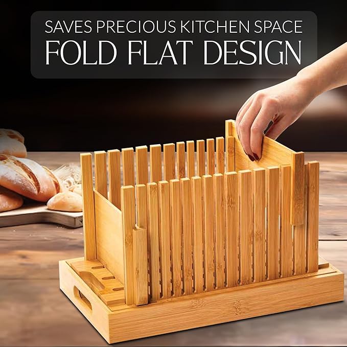 Bamboo Bread Slicer with High-Grade Stainless Steel Knife – Adjustable Wooden Bread Cutter Guide with Crumb Tray, Brush & Pouch | Manual Bread Slicer for Homemade Bread, Sourdough, Loaf, Cakes