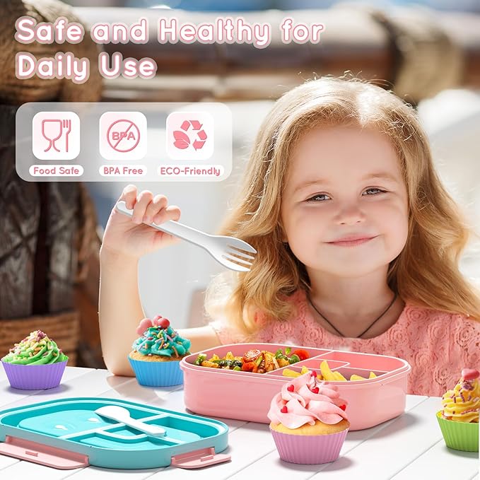 Lunch Box Kid Adult Bento Box, 4-Compartment Food Lunch Containers with Fork & Spoon, BPA Free, Leak-Proof Bento-Style Lunch Box for Work School, Microwave & Dishwasher Safe (Candy)