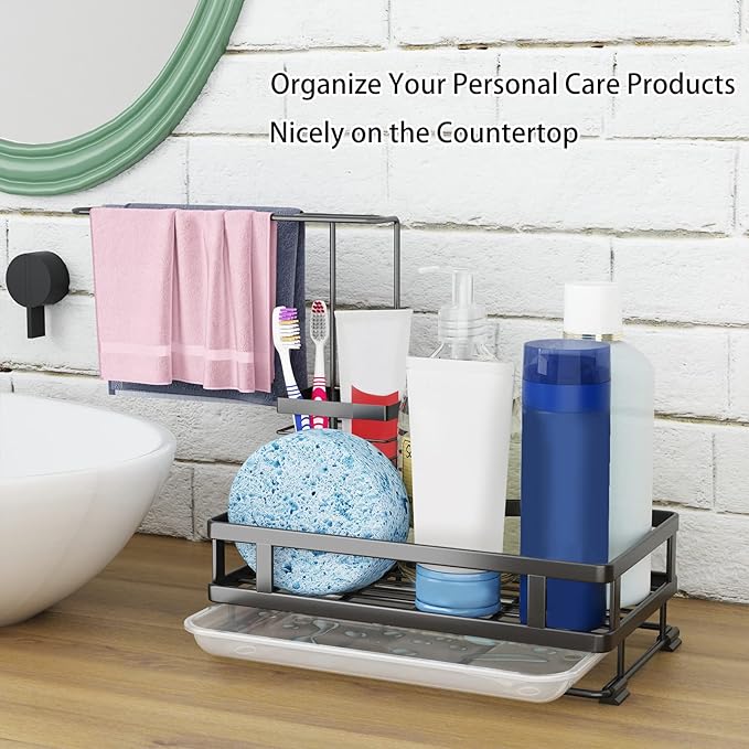 Godboat Kitchen Sink Organizer with Brush Rack, 304 Stainless Steel Dish Soap Dispenser, Sponge Holder for Kitchen Sink, Sink Caddy with Drain-Pan, Cool Kitchen Gadgets & Gifts for Women, Christmas
