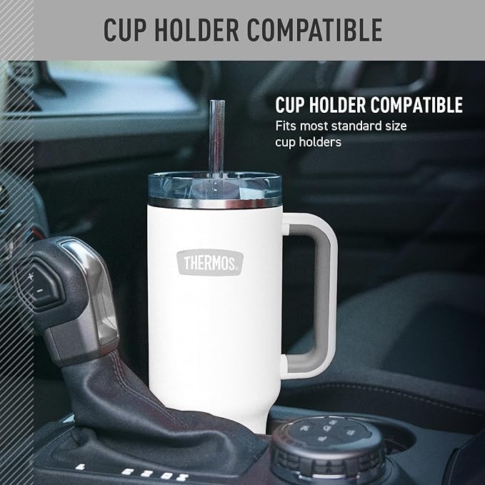THERMOS 40 oz Stainless Steel Cupholder Mug w/Straw - White
