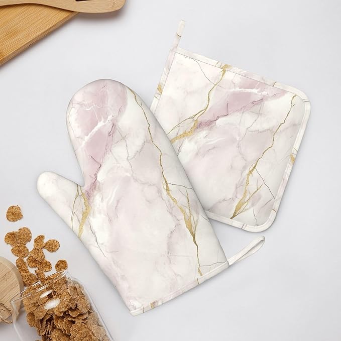 Oven Mitts and Pot Holders Light Pink White Marble Silicone Kitchen Accessories Set of 4 Heat Resistant Long Gloves Potholder Non-Slip Grip for Chef Cooking Baking Grilling BBQ