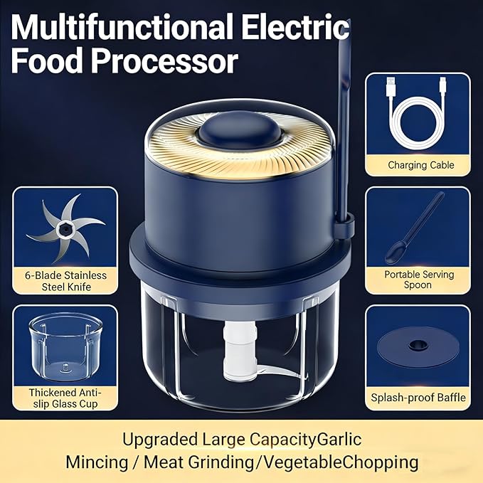 Portable Electric Garlic Chopper & Mincer, 6-Blade Mini Veggie Cutter, Large Glass Cup, Wireless Cordless, Easy-Clean Kitchen Food Processor for Garlic, Meat, Ginger