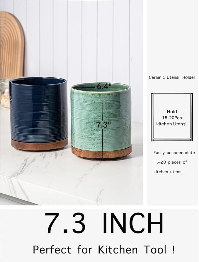 Utensil Holder, 360° Rotating Extra Large Ceramic Kitchen Utensil Holder for Countertop, 7.3“ Cooking Utensil Crocks for Kitchen Counter with Rotatable Wooden Base, Farmhouse Decor, Forest Green