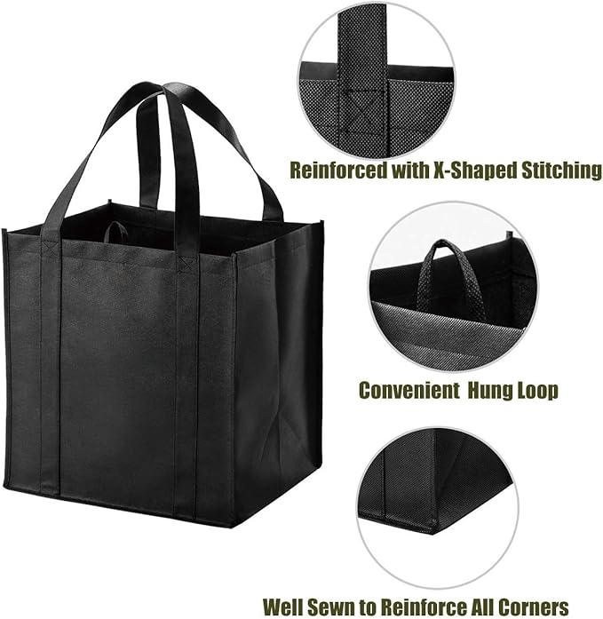 NERUB Set of 10 Reusable Grocery Bags Heavy Duty Shopping Bags Large Grocery Totes with Reinforced Bottom Super Sturdy Handles, Black