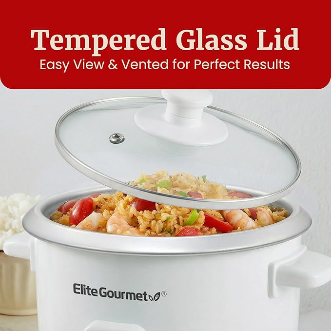 Elite Gourmet ERC-003X Electric Rice Cooker with Automatic Keep Warm Makes Soups, Stews, Grains, Hot Cereals, 6 Cups Cooked (3 Cups Uncooked), White