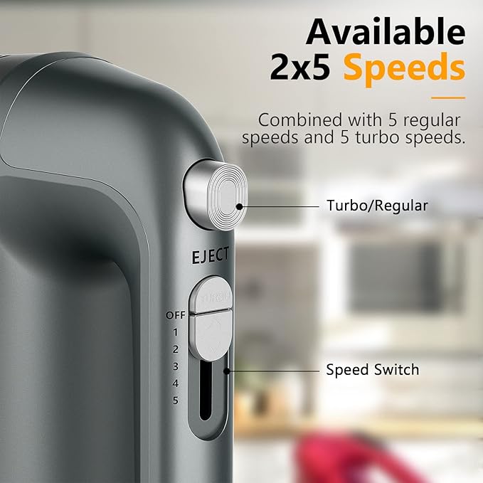 Hand Mixer Electric, 450W Kitchen Mixers with Scale Cup Storage Case, Turbo Boost/Self-Control Speed + 5 Speed + Eject Button + 5 Stainless Steel Accessories, For Easy Whipping Dough, Cream, Gray