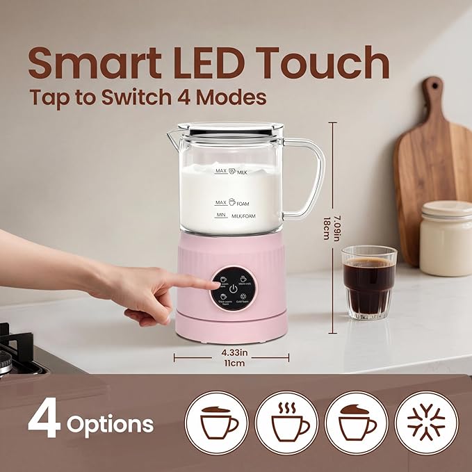 Casimhu 4-in-1 Milk Frother, Electric Milk Frother and Steamer with LED Touch Screen, Ceramic Lining Bottom, Milk Warmer 13.52oz for Lattes, Cappuccinos, and Macchiatos at Home (pink)