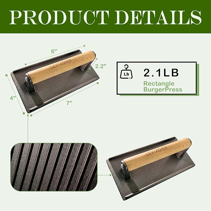2.2 lb Handheld Heavy Duty Cast Iron Grill Press, 7.8X3.9 inch Rectangle Burger Press with Wood Handle for Blackstone, Griddle, Chef, Camp, Panini, Vegetable, Bacon, Sandwich, BBQ, 2 Pack