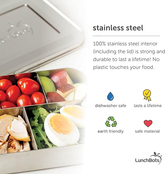 LunchBots Medium Trio II Snack Container - Divided Stainless Steel Food Container - Three Sections for Snacks On the Go - Eco-Friendly, Dishwasher Safe, BPA-Free - Stainless Lid - Pink Dots