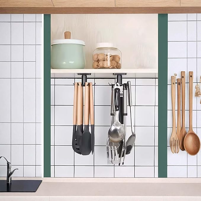 2PCS Under Cabinet Hooks for Kitchen Utensils, 360° Rotating Utility Hooks, Space-Saving Adhesive Kitchen Storage Rack for Hanging Tools and Utensils, Durable and Easy Installation (Black)