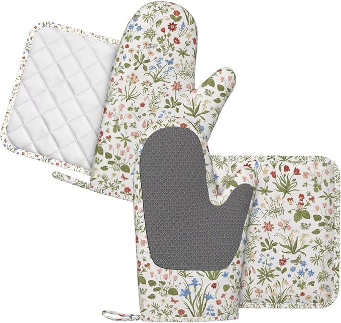 Vintage Wildflowers Botanical Oven Mitts and Pot Holders Sets Silicone Florals Kitchen Oven Mitts Hot Pads Heat Resistant Flowers Potholders Kitchen Mitts Set for Baking BBQ Cooking