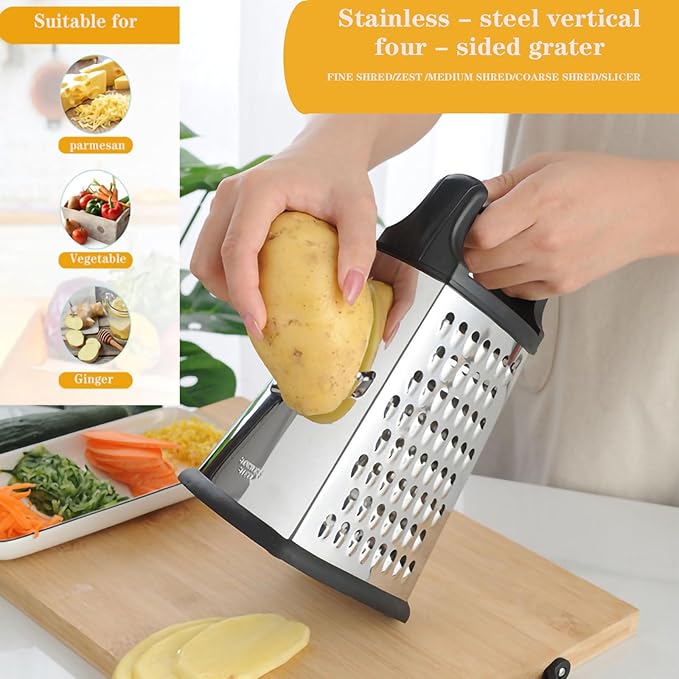 Professional 4-Sided Box Grater with Cut-Resistant Finger Cots - Stainless Steel Cheese & Vegetable Grater, Dishwasher Safe, Non-Slip Base & Ergonomic Handle - XL Multipurpose Kitchen Tool