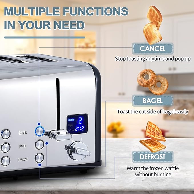 CUSIMAX 4 Slice Toaster, Ultra-Clear LED Display & Extra Wide Slots, Stainless Steel Toaster with Dual Control Panels of 6 Shade Settings, Cancel/Bagel/Defrost Function, Removable Crumb Trays, Black