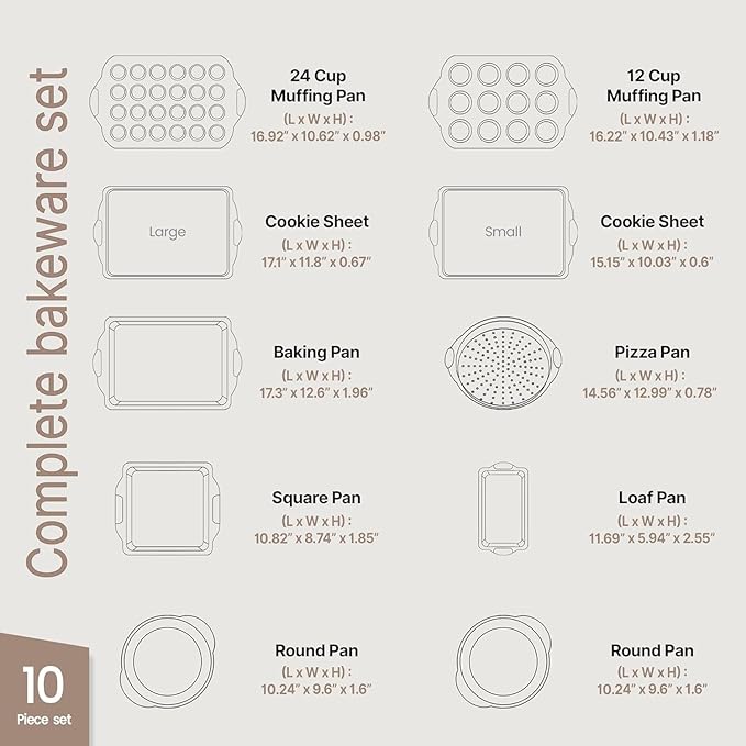 BAKKEN Kitchen Oven Baking Pans - Nonstick Gray Coating, Carbon Steel Bakeware Set with White Silicone Handles, Commercial Restaurant Quality Pans, PFOA, PFOS, PTFE Free, Oven Safe (450° F), Set of 10