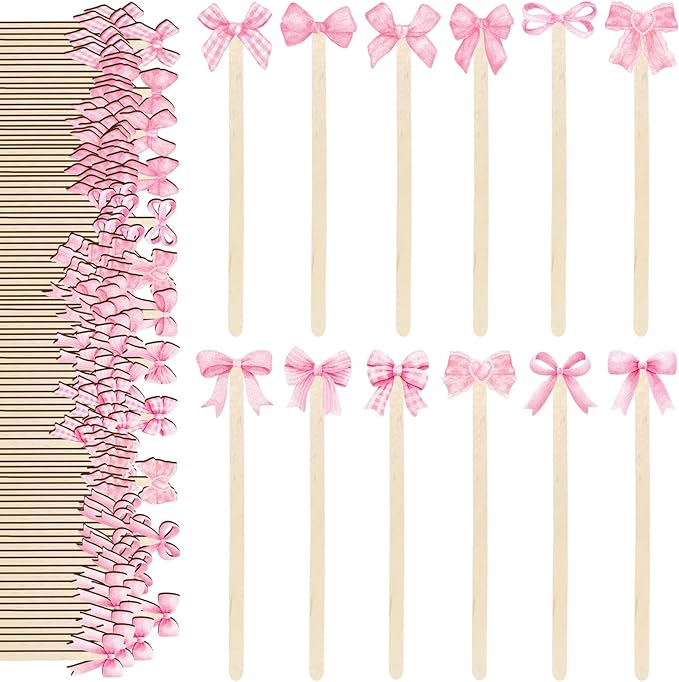 JarThenaAMCS 120Pcs Pink Bow Coffee Stirrers Watercolor Multiple Bowknot Disposable Stir Sticks Wooden Drink Stirrers for Home Office Bar Restaurant Party Supplies