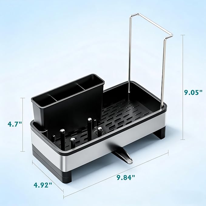304 Stainless Steel Sink Caddy with Auto-Drain, Kitchen Sink Organizer Sponge Holder with Towel Rack & Removable Brush Holders, Countertop Storage for Soap Dispenser, Dishcloth, Kitchen Accessories