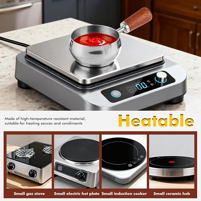 3 Pieces Stainless Steel Mini Sauce Pan with Wooden Handle & Spout, 1.7/3.4/5.1 Oz Silver Small Butter Warmer Saucepan, Reusable Sauce Pot Dipping Bowl (Silver)