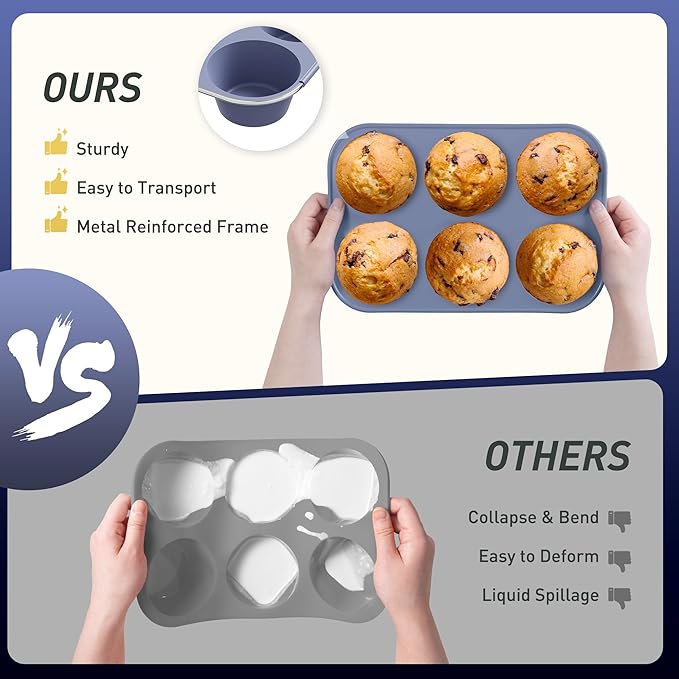 Socisen 2 Pack 6 Cups Jumbo Muffin Pan with Metal Reinforced Frame Silicone Molds Egg Bites Silicone Circle Cookie Molds Extra Large Muffin Tin Jumbo Tart Pans Baking Sheet Set for Sandwiches