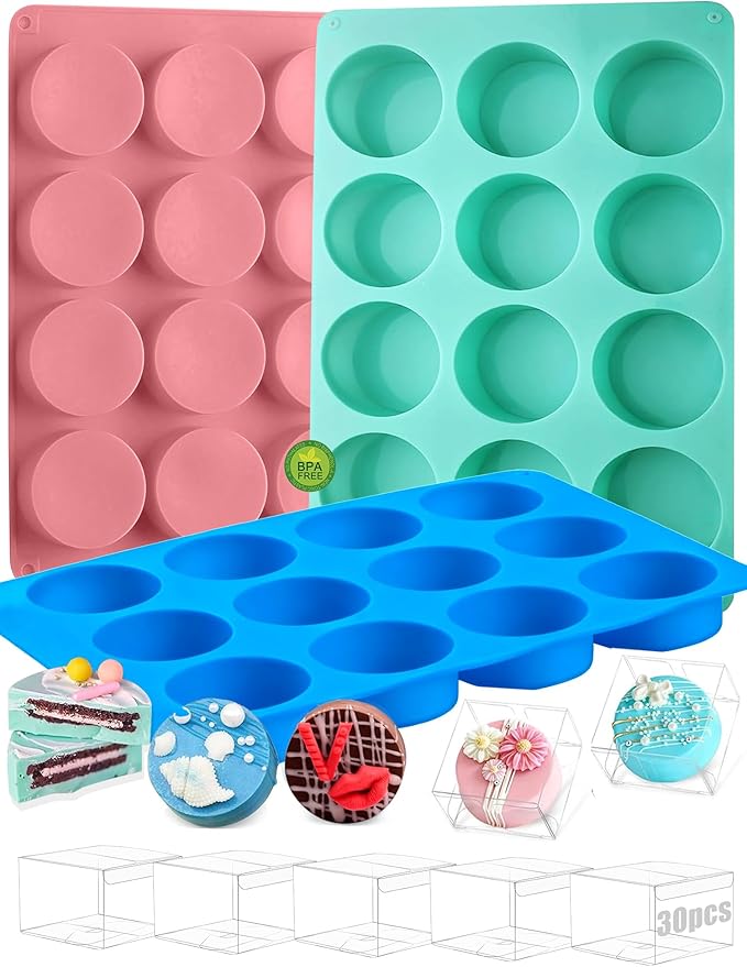 3 Pcs Round Chocolate Cookie Molds Set ,12-Cavity Round Silicone Mold with 30 Clear Treat Boxes, Round Baking Mold for Oreos,Candy, Mini Cake, Individually Wrapped Cakesicle Party Favor Packaging
