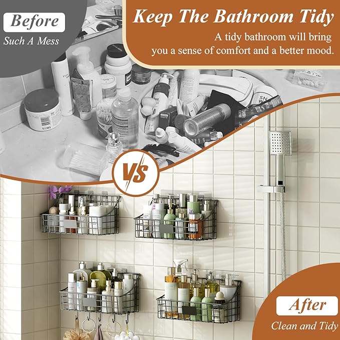Hanging Wall Wire Basket-4Pack,Large Metal Organizer Baskets & Bathroom Shower Shelf with 4 Adhesive Hooks+5 S Hook, Wall Mounted Baskets & Shelves for Bathroom, Kitchen Storage