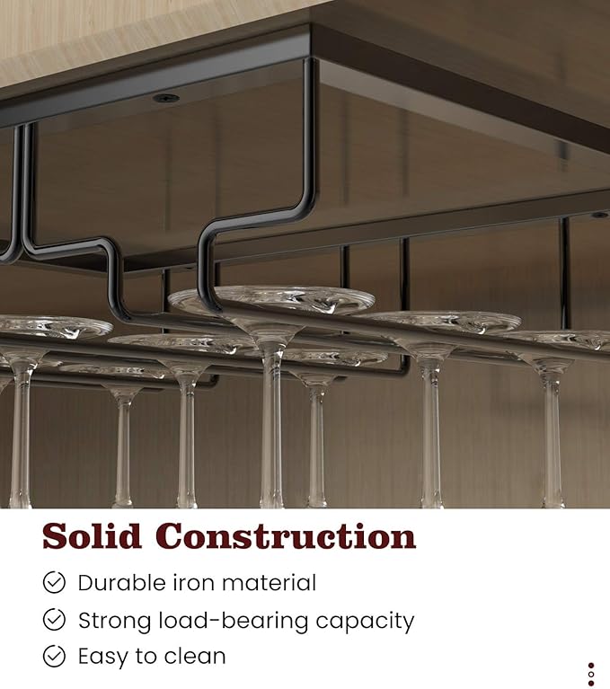 Nuovoware Wine Glass Rack, 4 Rows Wine Glass Holder Storage Hanger Metal Organizer Under Cabinet Stemware Rack for Bar Kitchen Cabinet, Black