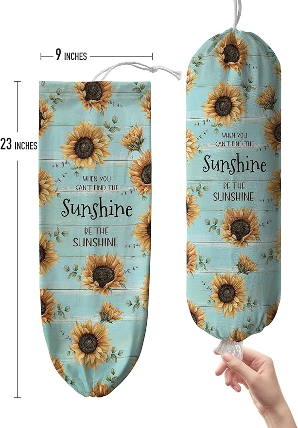 Hglian Sunflower Plastic Bag Holder Dispenser-Be The Sunshine Grocery Bag Organizer Storage Container for Shopping Trash Bags,Teal Motivational Kitchen Décor,Gifts for Women