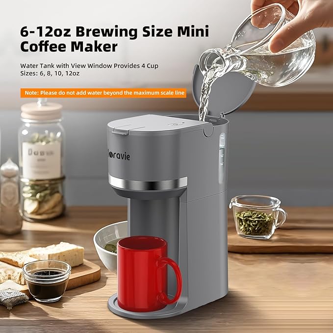 Horavie Mini Single Serve Coffee Maker for K Cup Pods and Ground Coffee, Fast Brew One Cup Coffee Machine with Descaling Reminder and Water Window, 6 to 12 oz. Brew Sizes, Gray