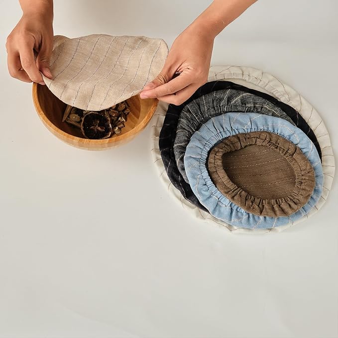 100% Pure Linen Bowl Covers For Bread Proofing, 4 Pcs Elastic Reusable Bowl Covers Large Ticking Striped Cloth Fabric Stretch Sourdough Lids, 6 * 8 * 10 * 12 Inches- Linen